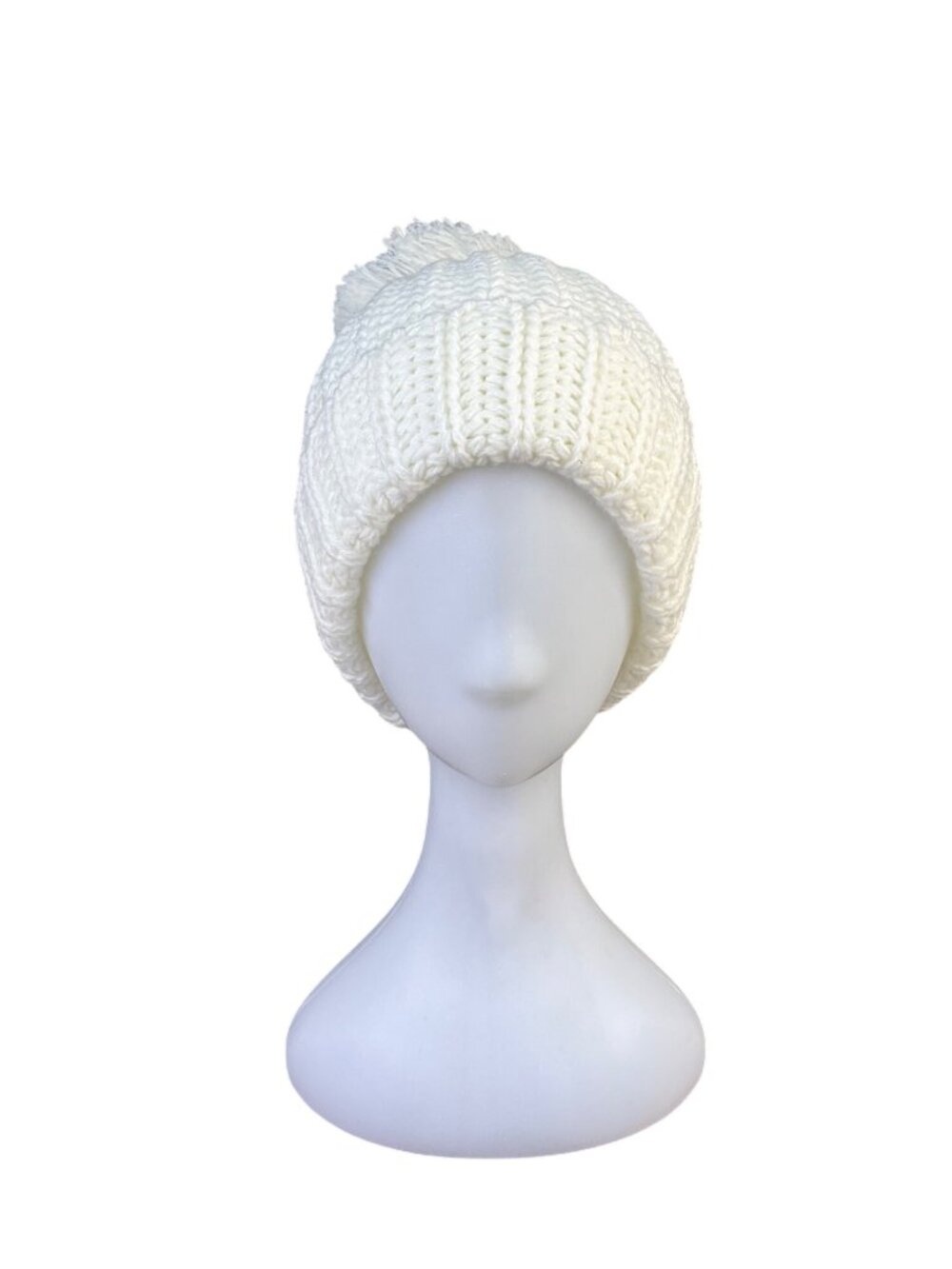 Jenni Womens White Acrylic Knit Pom-Pom Beanie Hat One Size